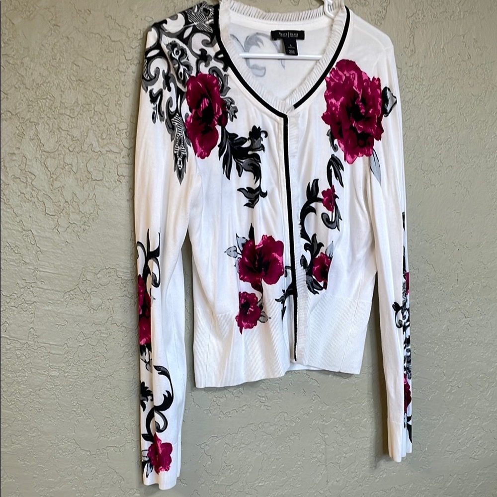 White House Black Market White Cardigan with Pink and Black Floral Design